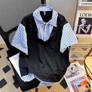 潮牌条纹拼接翻领t恤宽松情侣上衣 假两件衬衫 领短袖 polo衫 男夏季