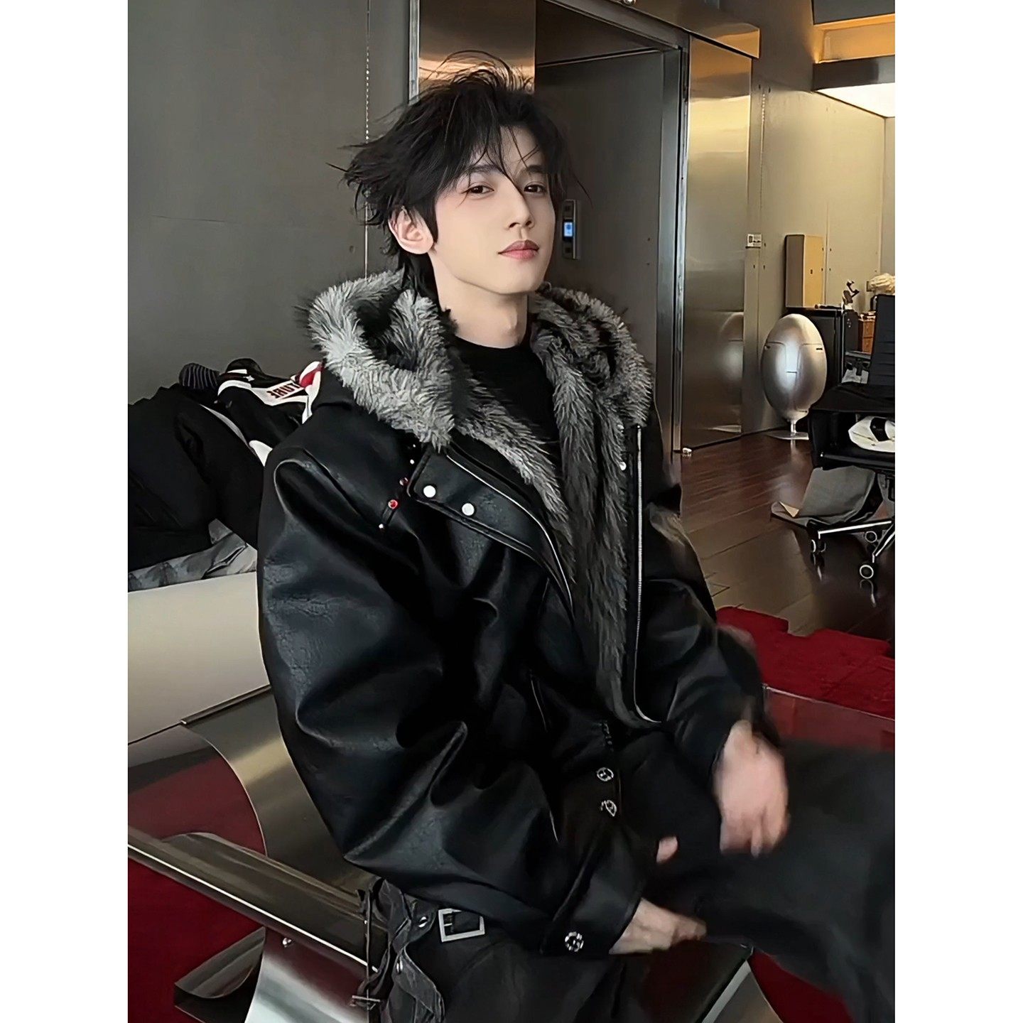 美式脊煞重磅座山雕加绒加厚皮衣男连帽毛领棉服短宽boxy版型外套