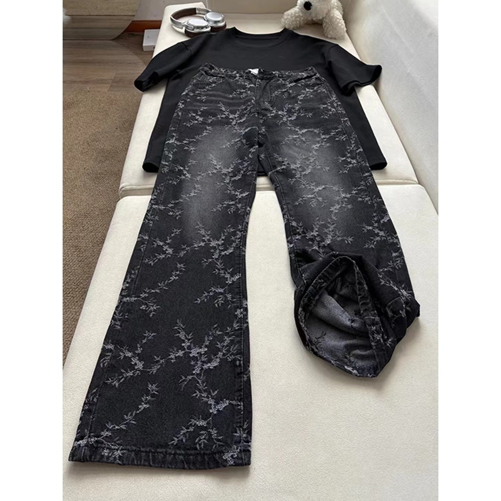 复古蓝提花牛仔裤男款秋冬设计感裤子美式高街vibe直筒春季微喇裤