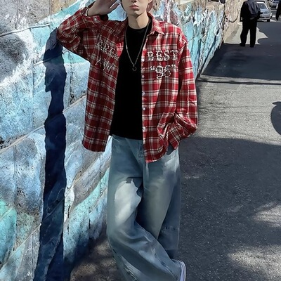 红色钉珠格子衬衫男夏季设计感痞