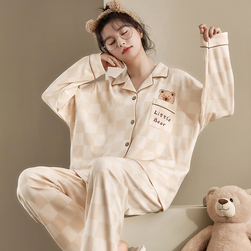 睡衣女春秋季纯色长袖棋盘格2025年新款带胸垫女生卡通家居服冬款,女士内衣/男士内衣/家居服,睡衣/家居服套装,淘宝优惠券,粉丝福利购,淘宝优惠卷