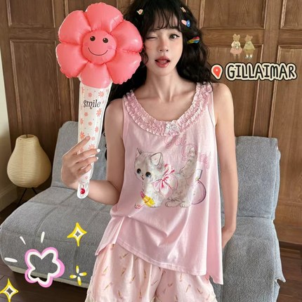 Gill Aimar小熊家正品2025春夏韩系家居服背心T恤短裤家居服套装