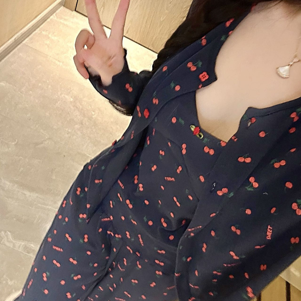 带胸垫睡衣~2025秋新款长袖莫代尔三件套家居服樱桃少女韩版修身