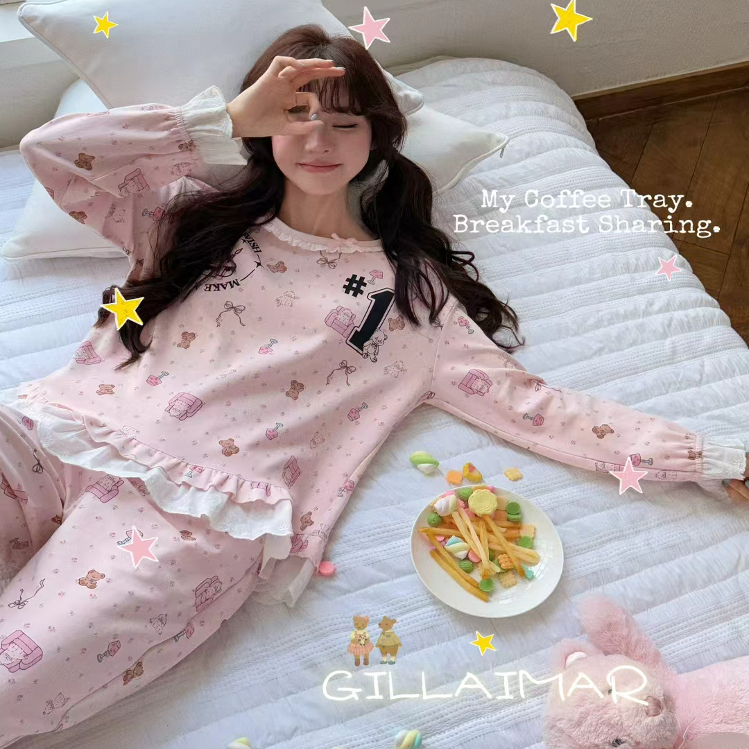 Gill Aimar小熊家2025秋季新款长袖纯棉睡衣女甜美花边少女小清新