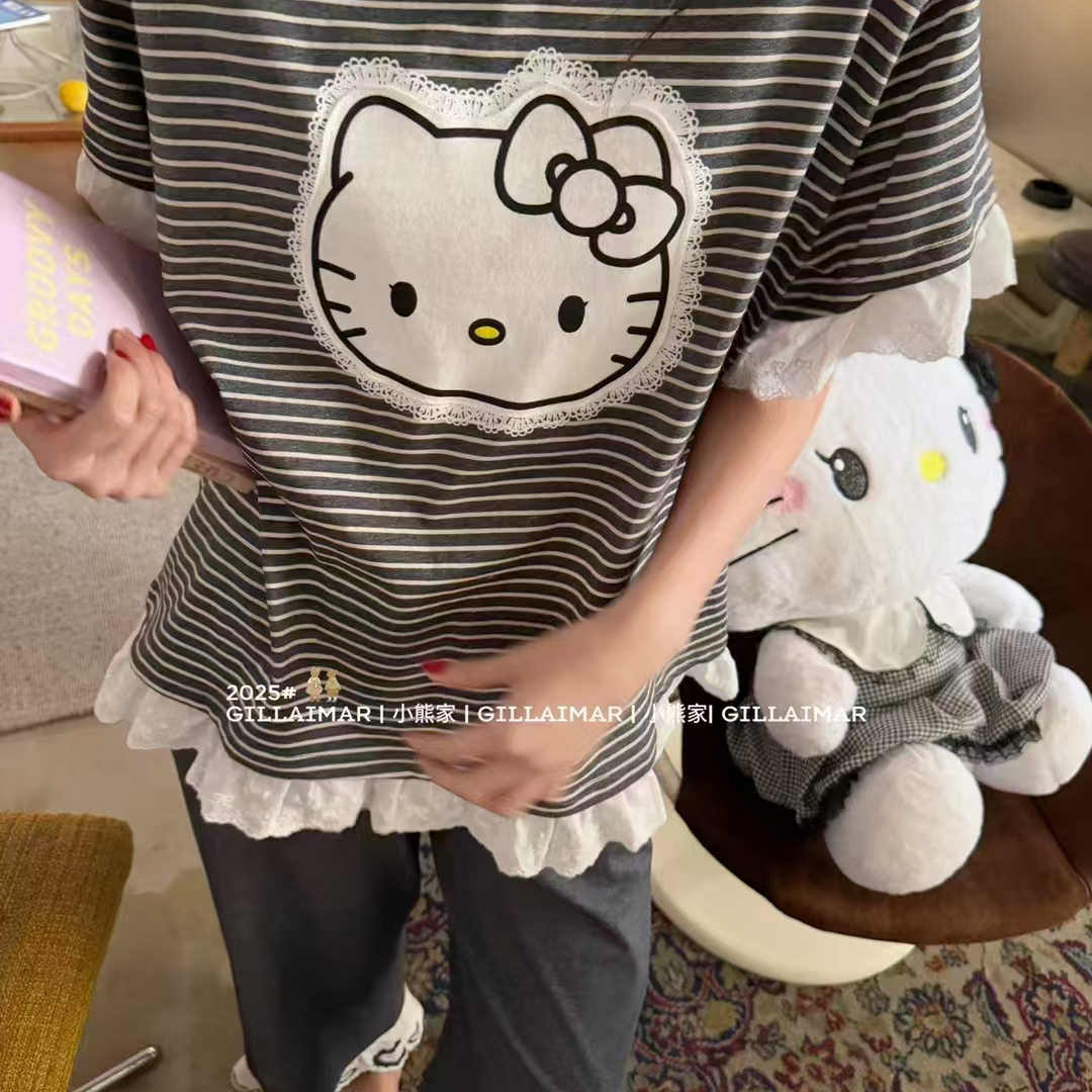 Gill Aimar小熊家春夏可爱kitty蕾丝小猫贴布睡衣短袖长裤家居服