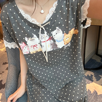 2025年夏季纯棉短袖睡裙波点猫咪印花甜美蕾丝边中裙少女韩版