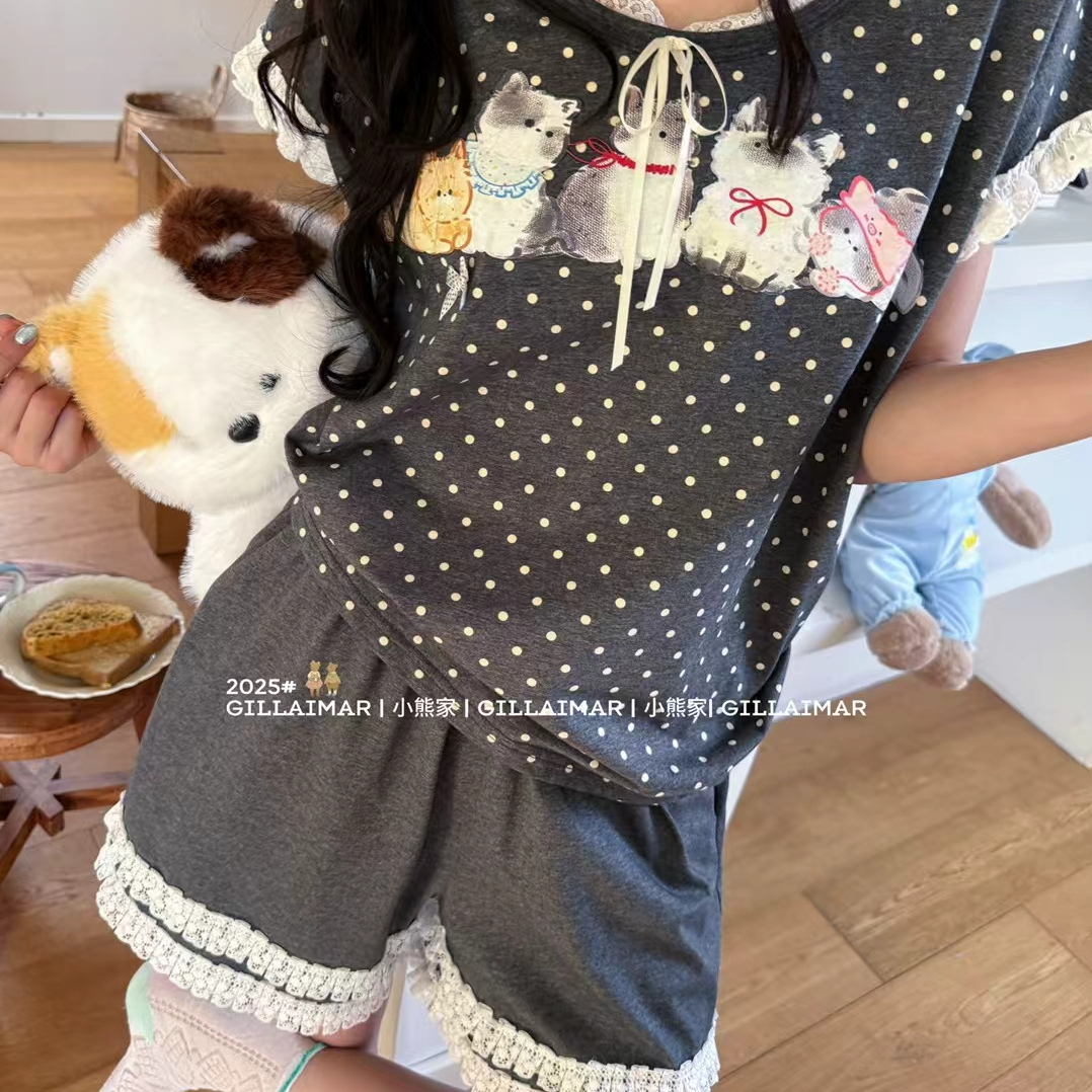 Gill Aimar小熊家正品2025春夏短袖短裤家居服薄款波点小清新少女