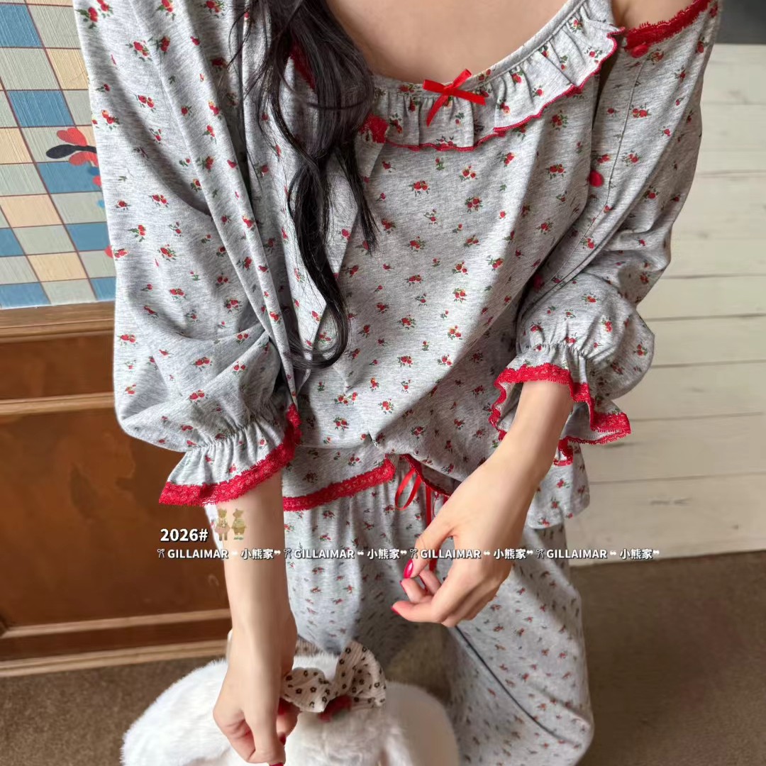 Gill Aimar小熊家睡衣七分袖开衫三件套睡衣女甜美碎花韩版家居服