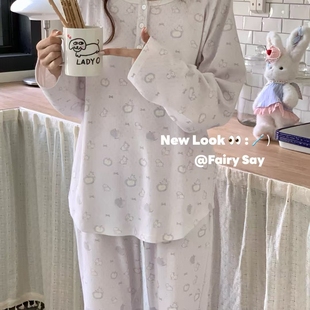 小熊印花卡通针织纯棉长袖 100%棉 新款 Say2025秋季 睡衣女 Fairy