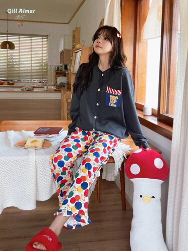 清仓价秋季新款时尚韩版长袖休开衫家居服套装女慵懒睡衣