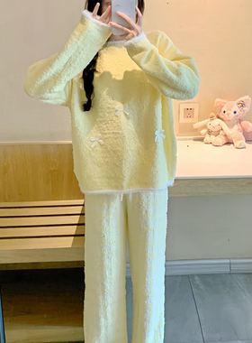 2025秋冬软绵绵新款长袖家居服甜美蝴蝶结半边绒两件套韩版格子女