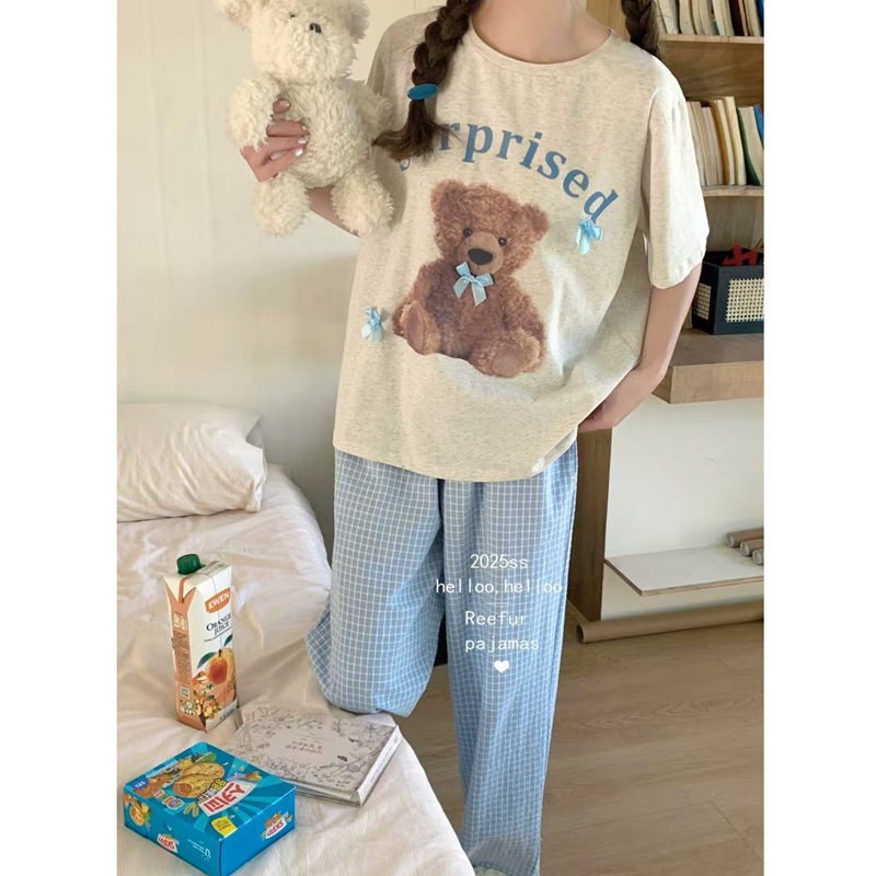 ReefurRinka梨花家春夏新品卡通格子小熊短袖家居服女