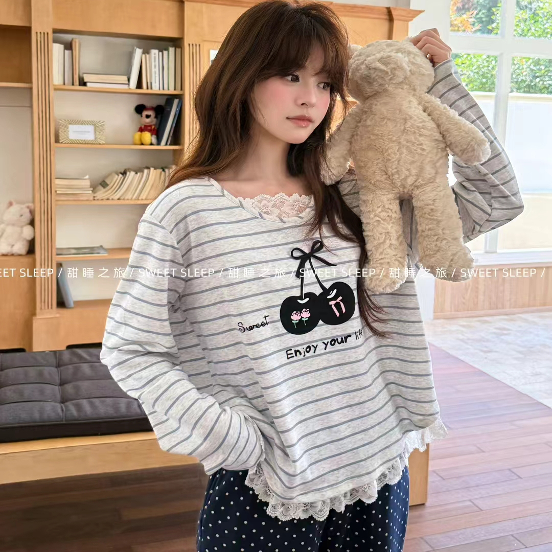 sweet sleep甜睡之旅新款长袖樱桃条纹睡衣女小熊家家居服韩版