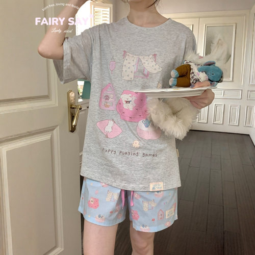 Fairy Say原创2025春夏韩系家居服短袖T恤短裤套装丝光棉外穿睡衣