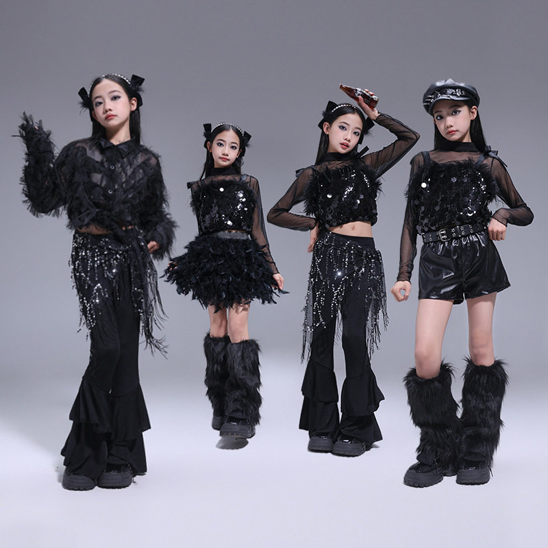 爵士舞服装女童套装韩版露脐上衣背心jazz卫裤子少儿时髦表演出服