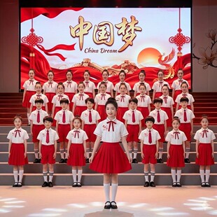儿童合唱朗诵演出服小学生红色女童礼服爱国主题演讲比赛服装