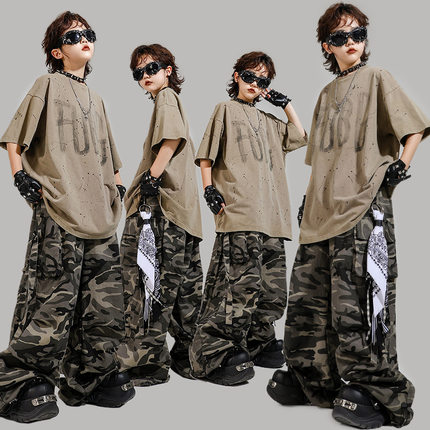 儿童街舞演出服少儿迷彩套装潮服男童hiphop夏季美式复古风表演服