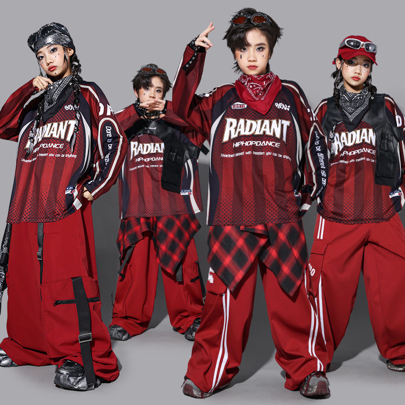 元旦儿童嘻哈红色街舞演出服男童马甲套装少儿hiphop架子鼓服装潮