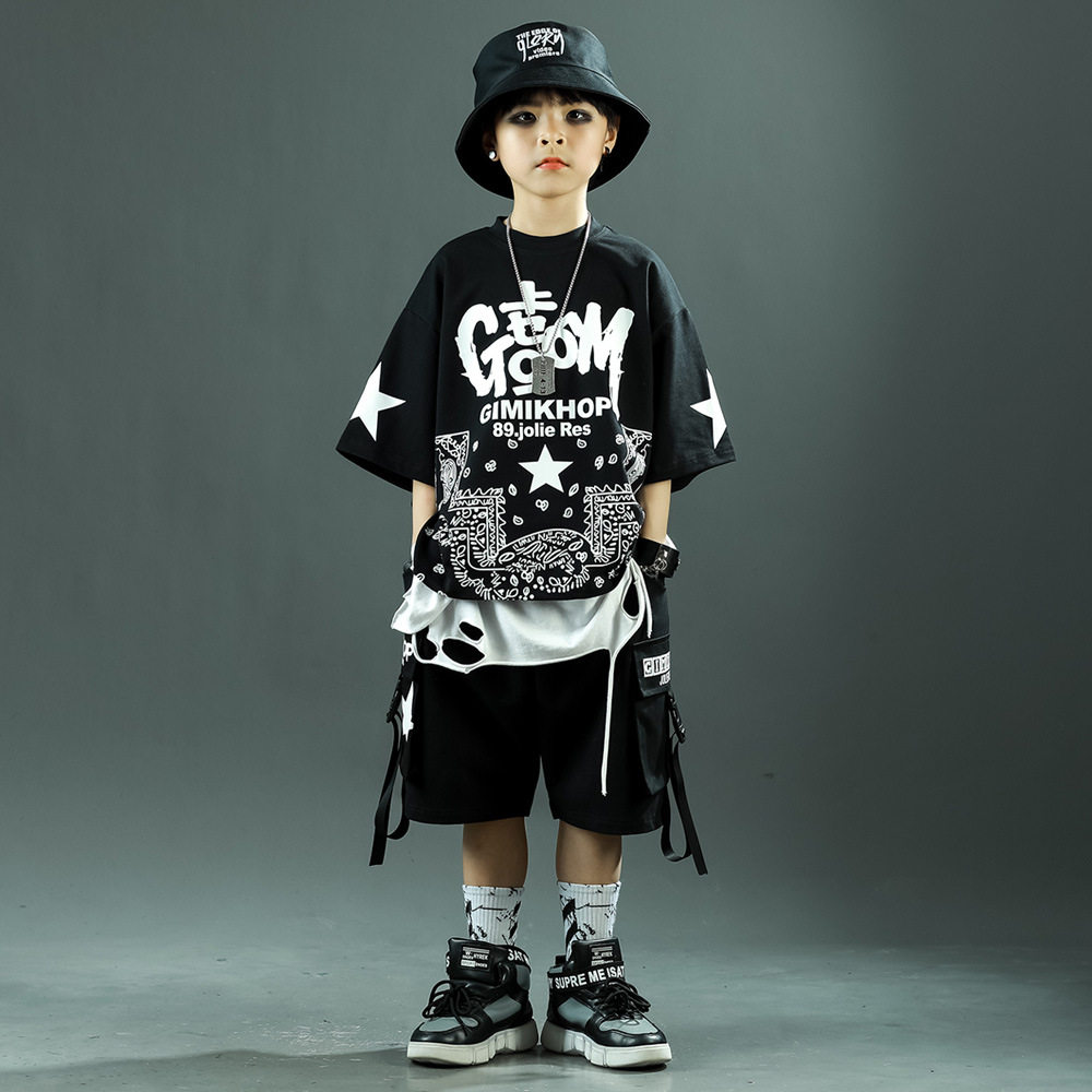 男童短袖短裤街舞童套装运动2025夏季新款男孩韩版儿童中大童两件