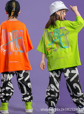 儿童街舞爵士表演服夏季短袖现货女棉绿色  练功服装