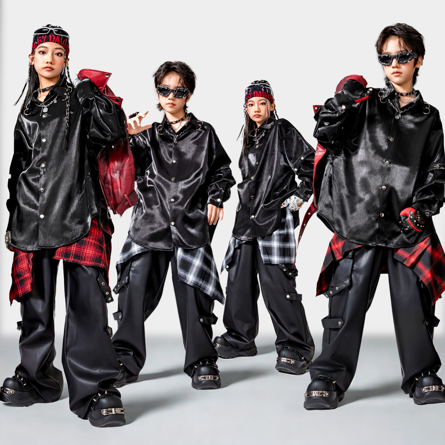 儿童街舞潮服男童嘻哈少年演出服架子鼓摇滚亮面黑衬衫炫酷套装潮