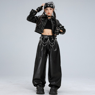 儿童爵士舞服装酷帅女童黑色机车风皮衣皮裤套装街舞潮服演出服女