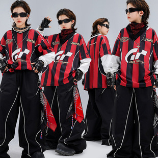 男童街舞服装嘻哈儿童潮服hiphop男孩潮牌黑红条纹套装元旦演出服