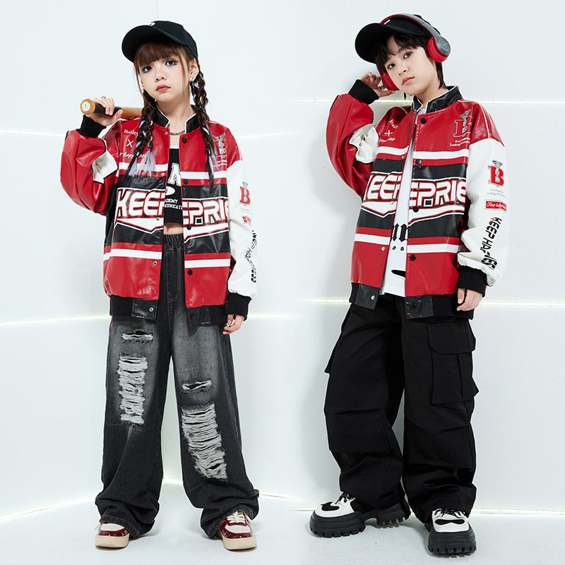街舞儿童潮服嘻哈机车服皮衣夹克男童套装hiphop童装演出服走秀女