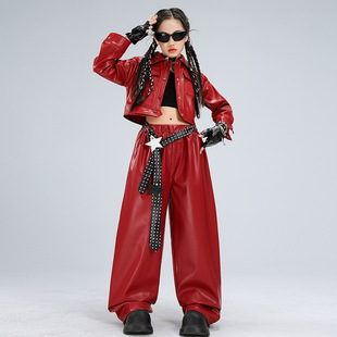 女童爵士舞服装潮酷机车风皮衣皮裤表演服套装女孩元旦街舞潮服女