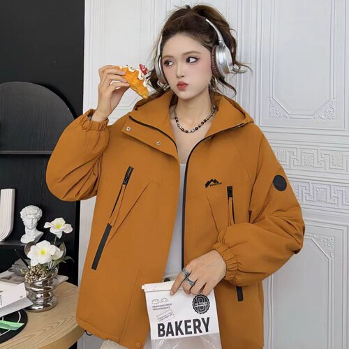 秋冬加绒加厚防风工装连帽棉服女