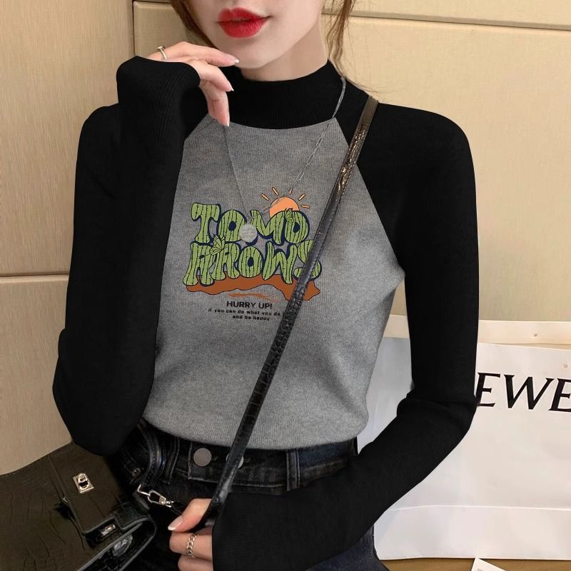 半高领磨毛德绒打底衫女2025秋冬撞色插肩T恤长袖修身显瘦上衣ins