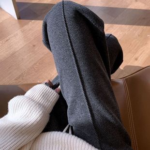 灰色直筒裤女秋冬加绒裤子2025新款人字纹毛呢裤加厚窄版阔腿裤女