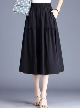 黑色半身裙子女夏季设计感小众中长款高腰显瘦遮跨百褶a字长裙潮