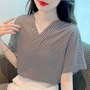 条纹衬衫 设计感v领漂亮洋气小衫 女夏季 短袖 宽松别致上衣 新款 法式