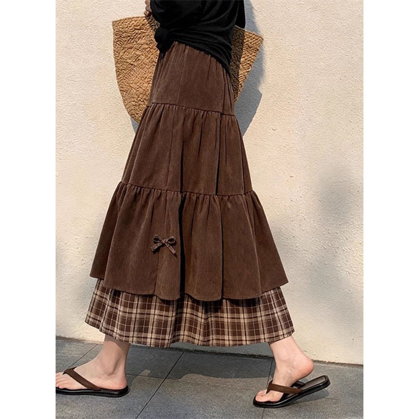 大码胖mm巨好看裙子美拉德复古咖色格纹拼接灯芯绒a字半身裙女潮,女装/女士精品,大码半身裙,淘宝优惠券,粉丝福利购,淘宝优惠卷