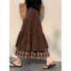 大码 胖mm巨好看裙子美拉德复古咖色格纹拼接灯芯绒a字半身裙女潮