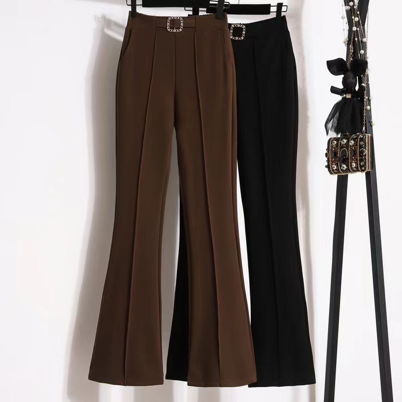 咖色微喇叭阔腿裤女西装长裤子
