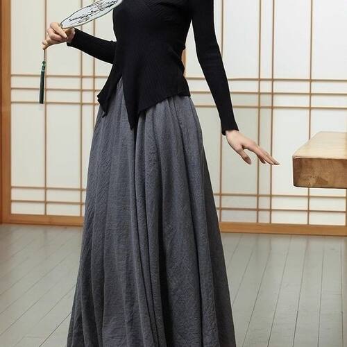 新中式双层女禅意风女装长裙大摆