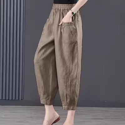 棉麻休闲裤女宽松中年妈妈裤子夏季薄款女士大码亚麻九分裤哈伦裤
