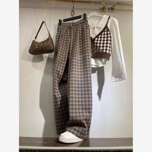 宽松显瘦阔格子直筒通勤慵懒咖色格休闲长裤 2025年高腰早春新款 子