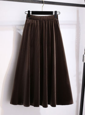 大码打底裙新款高腰a字金丝绒半身裙女胖mm裙子松紧腰显瘦中长裙