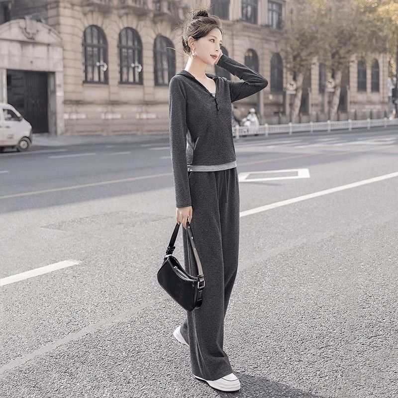 轻奢气质休闲运动服套装女士春秋季假两件修身显瘦长袖上衣阔腿裤