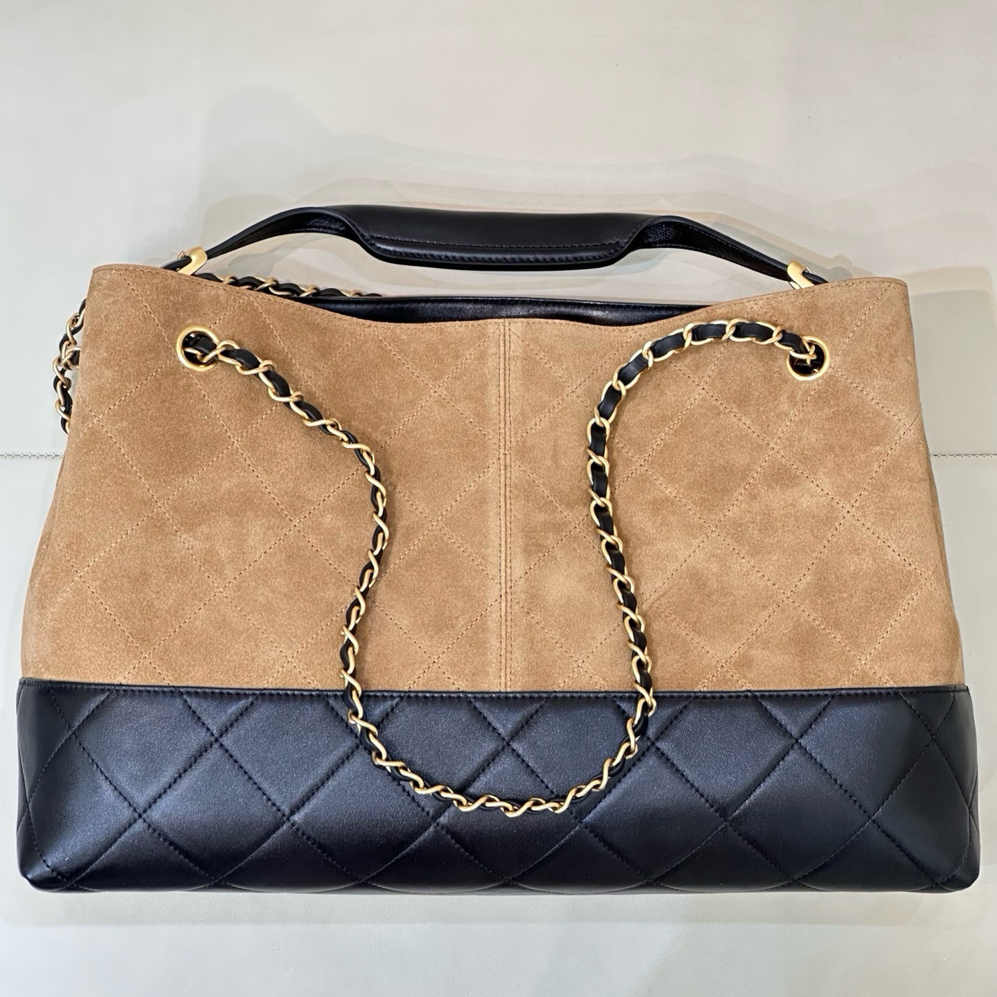 新款小香风25A麂皮拼接hobo小号托特包链条单肩斜挎女手提腋下包