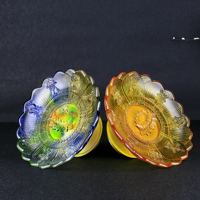 古法琉璃 果盘 8寸琉铜供盘 八吉祥贡具 莲花水果碟