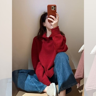 秋冬新款羊毛长袖连帽套头打底针织衫女短款毛衣宽松休闲针织帽衫