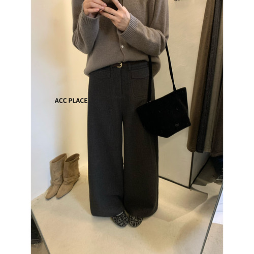 ACC PLACE焦点 韩系百搭直筒阔腿裤加绒加厚休闲裤腰带随机5601