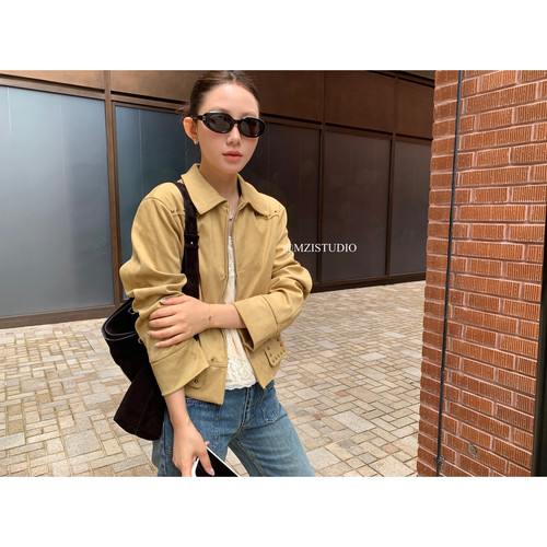 MZI STUDIO 复古韩调重工铆钉翻领拉链酷帅修身短外套129005#