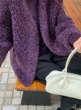 QIANDU谦晨韩系显白高级气质极简V领通勤毛毛颗粒绒加厚外套M6219