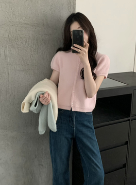 grapestone 葡萄籽韩系甜美减龄少女亲肤珍珠扣短袖保暖毛衣1673