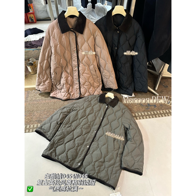 Maroon Dew韩系翻领复古英伦风拼接葫芦纹宽松撞色羽绒服外套N045